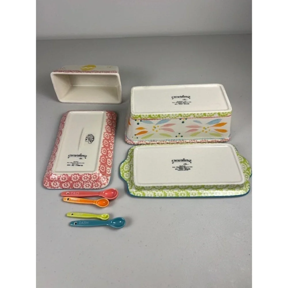 Temp-tations Old World Ceramic Butter Dish Loaf Pan Tray Measuring Spoons Set